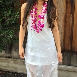 White Lace Mesh Maxi Dress w/ Floral Stitching